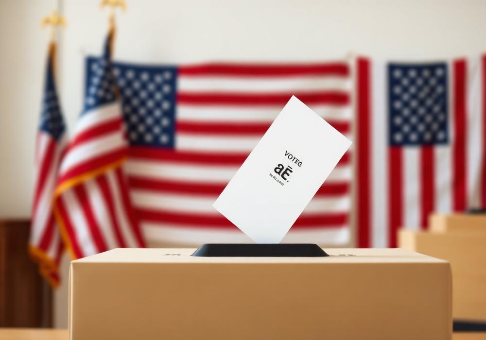 A ballot being placed into a ballot box in front of American flags