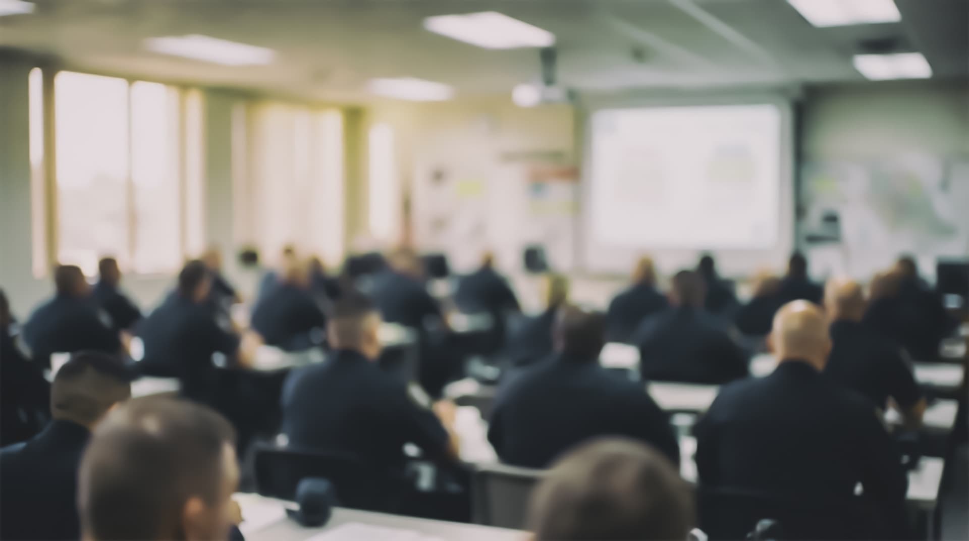 Uniformed officers attending a briefing in a training room