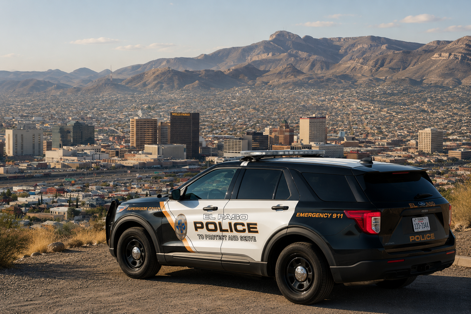 An El Paso Police Department supervisor SUV overlooking the El Paso skyline and Franklin Mountains at golden hour